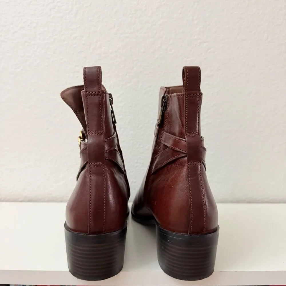 Sam Edelman Brown Leather Ankle Boots Women's Size 10 Gold Horsebit Block Heel
